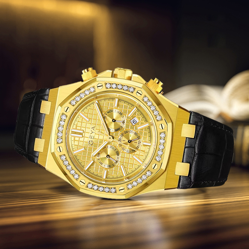 (預購)【GEYA格雅】G78122GYY 三眼 40顆晶鑽錶圈 錶蓋鏤空 22顆寶石軸承 日期顯示 夜光 機械 真皮錶