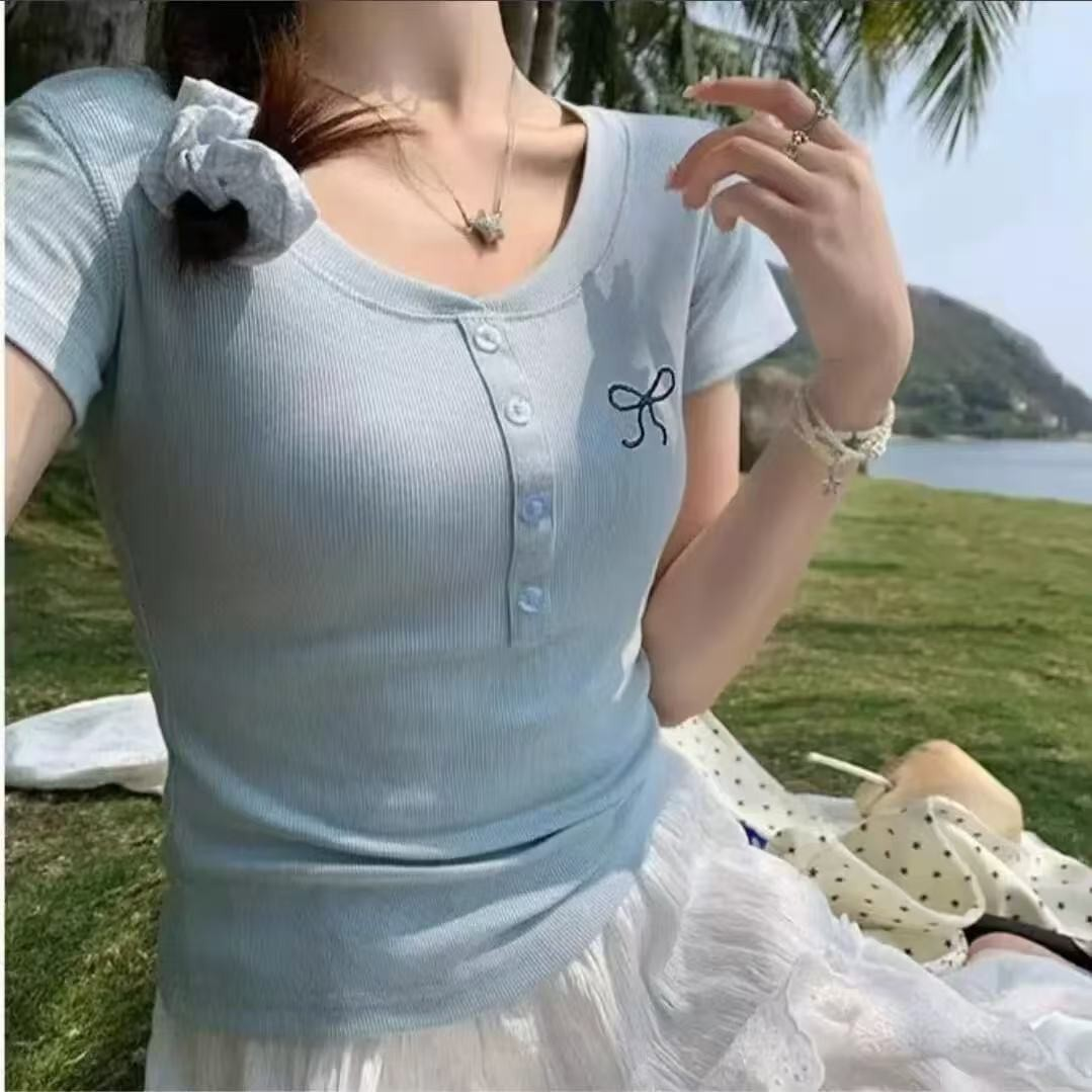 [2 PCS FOR RM50] Korean Summer Embroidered Button Short Sleeve Tee