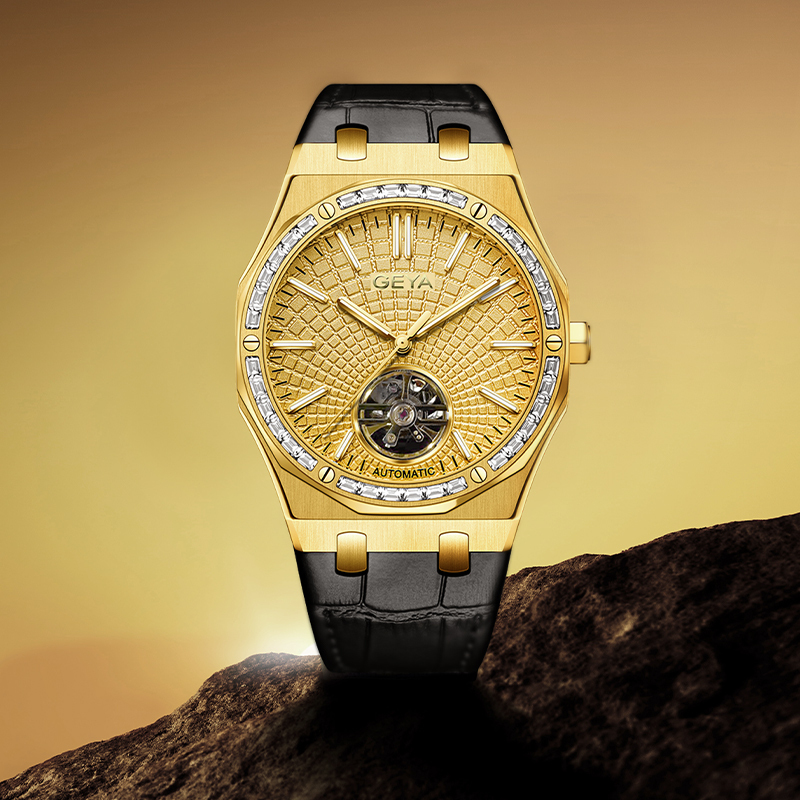 (預購)【GEYA格雅】G78123GYY 36顆晶鑽錶圈 雙面鏤空 夜光指針刻度 機械 皮革 手錶