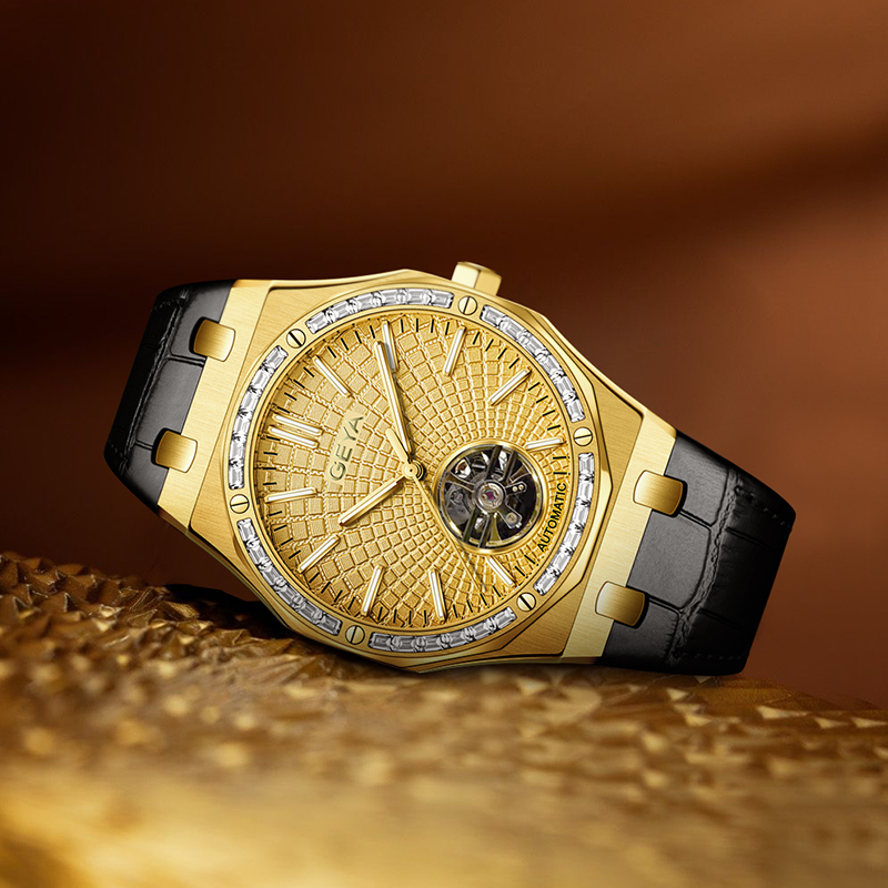 (預購)【GEYA格雅】G78123GYY 36顆晶鑽錶圈 雙面鏤空 夜光指針刻度 機械 皮革 手錶