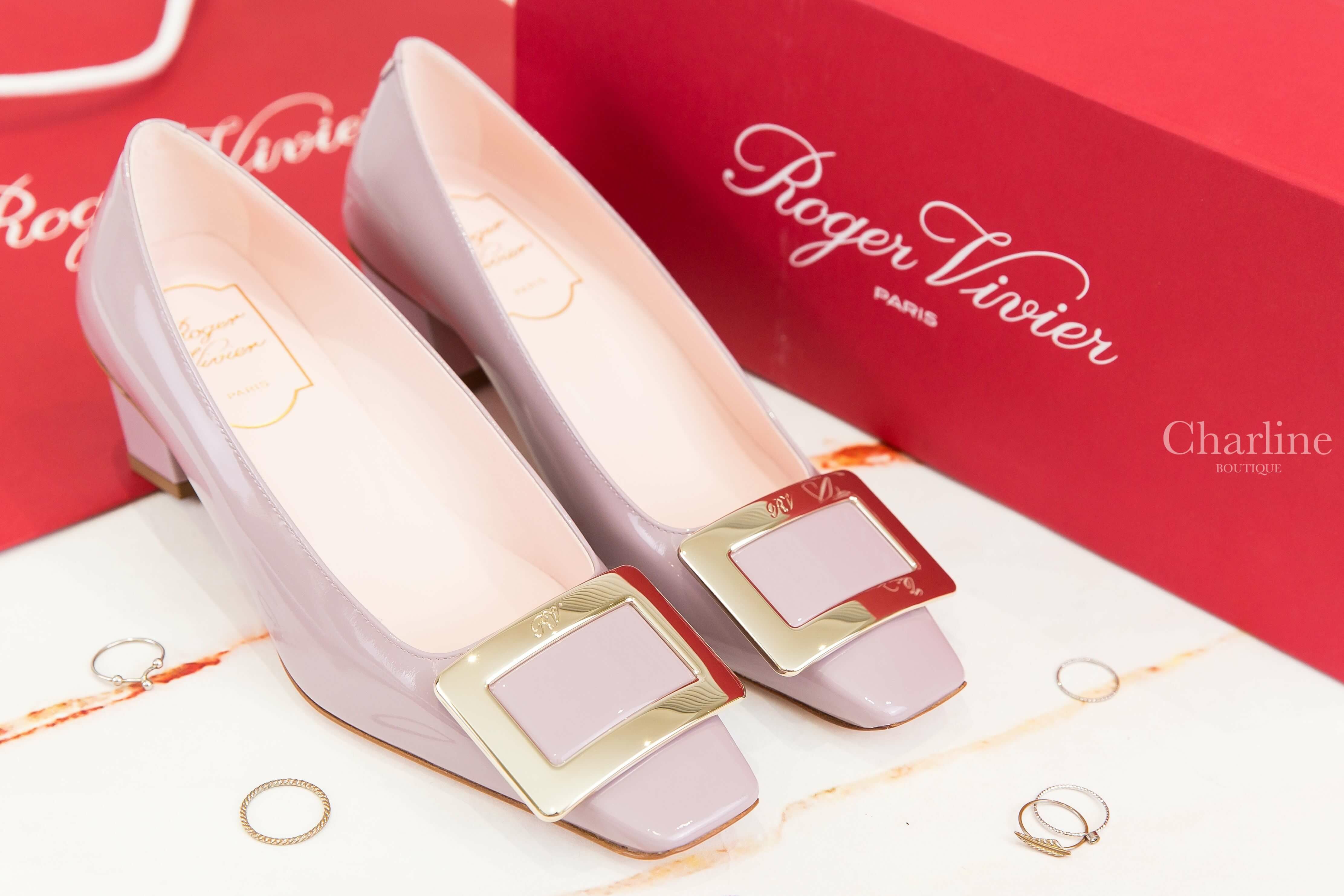 Roger Vivier Belle Vivier Pumps In Patent Leather 紫色漆皮金色方釦粗跟低跟鞋