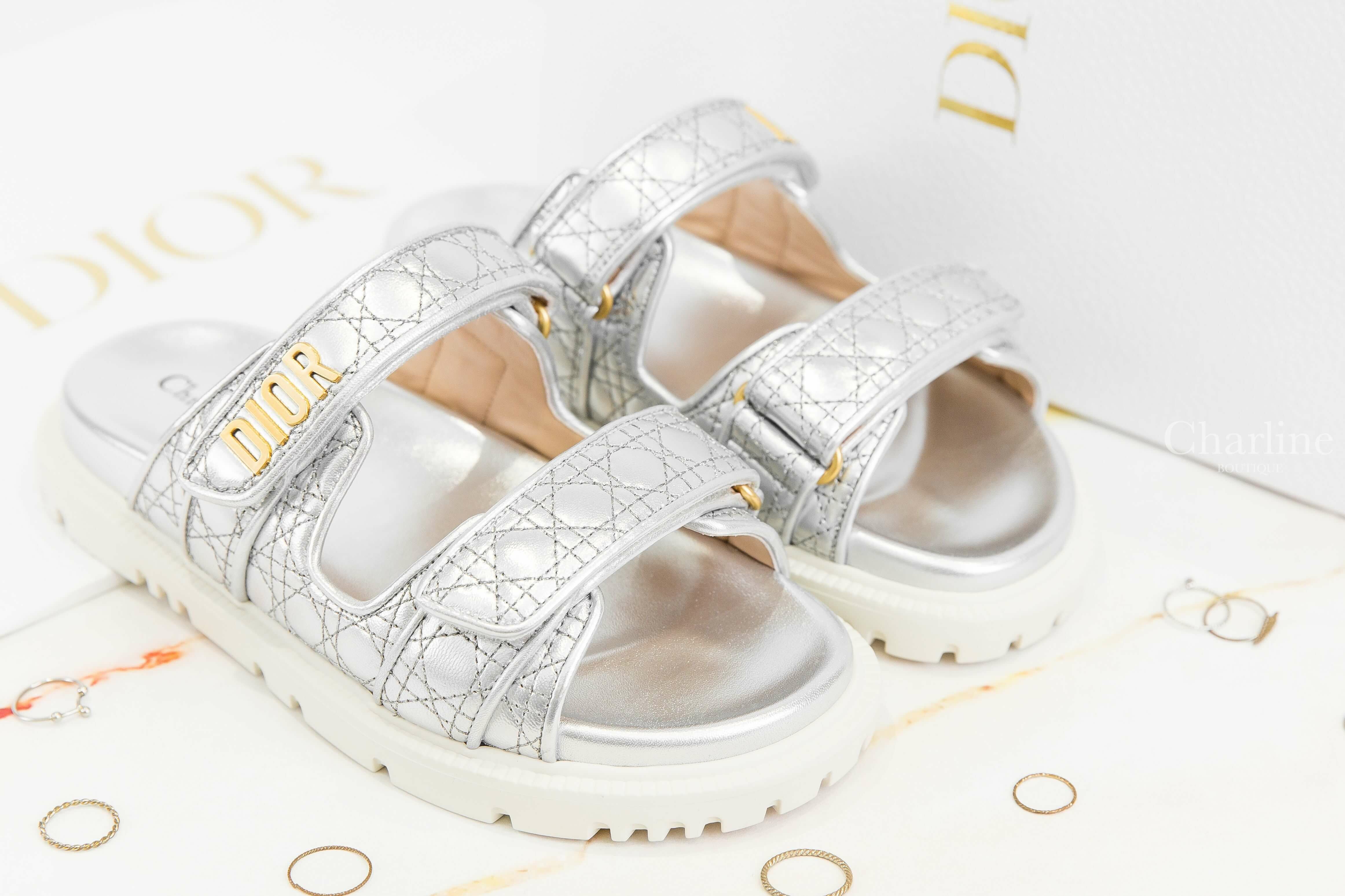 Dior Dior Or Dioract Slide 銀色藤格紋羊皮金色字母魔鬼氈拖鞋
