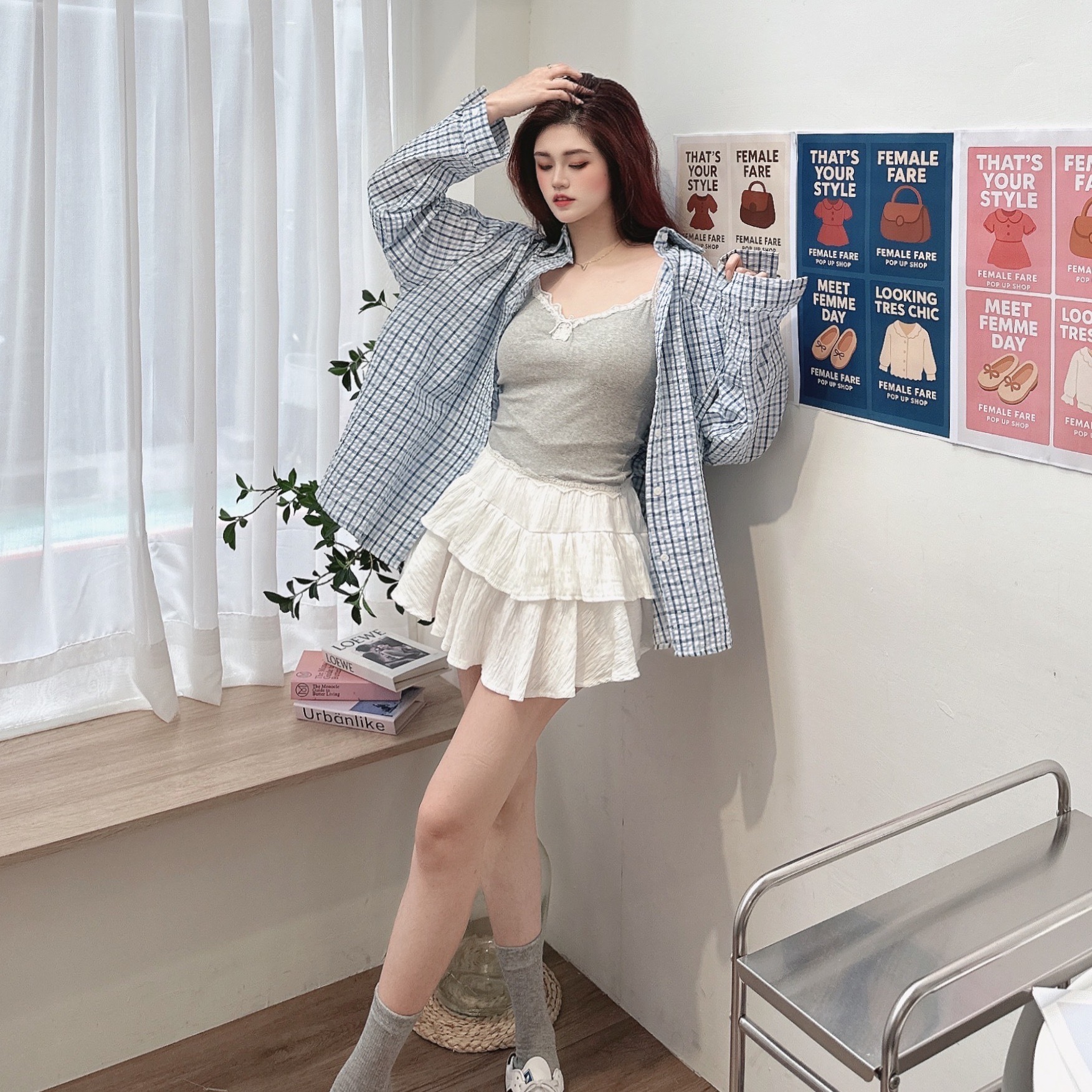 韓系皺皺格紋襯衫/二色