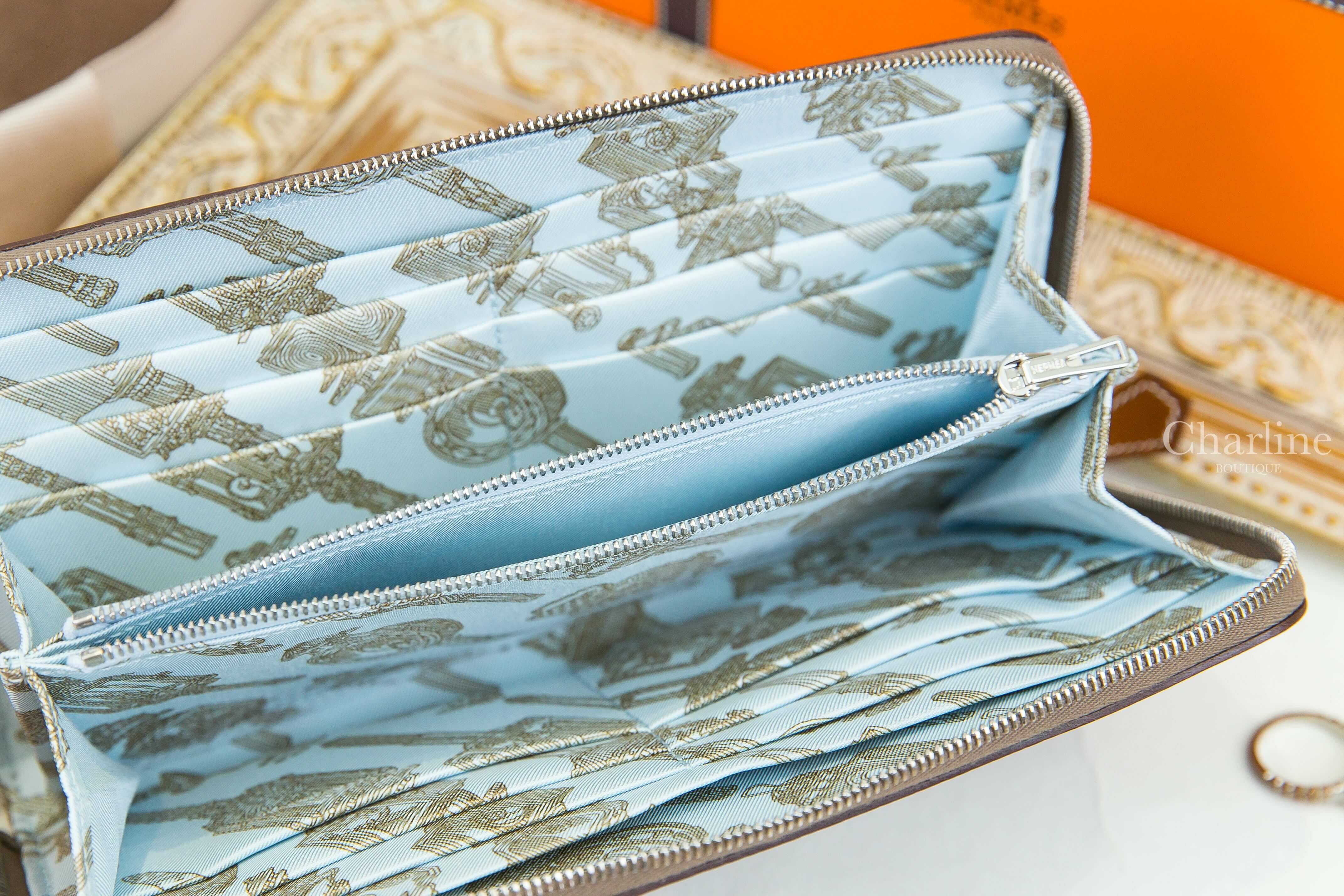 Hermès Silk'in Classique Long Wallet 18 Etoupe Evercolor 大象灰同色縫線絲巾拉鍊長夾-Charline Boutique 精品代購