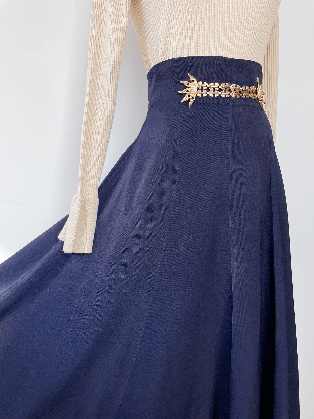 優雅午夜藍高腰半身裙