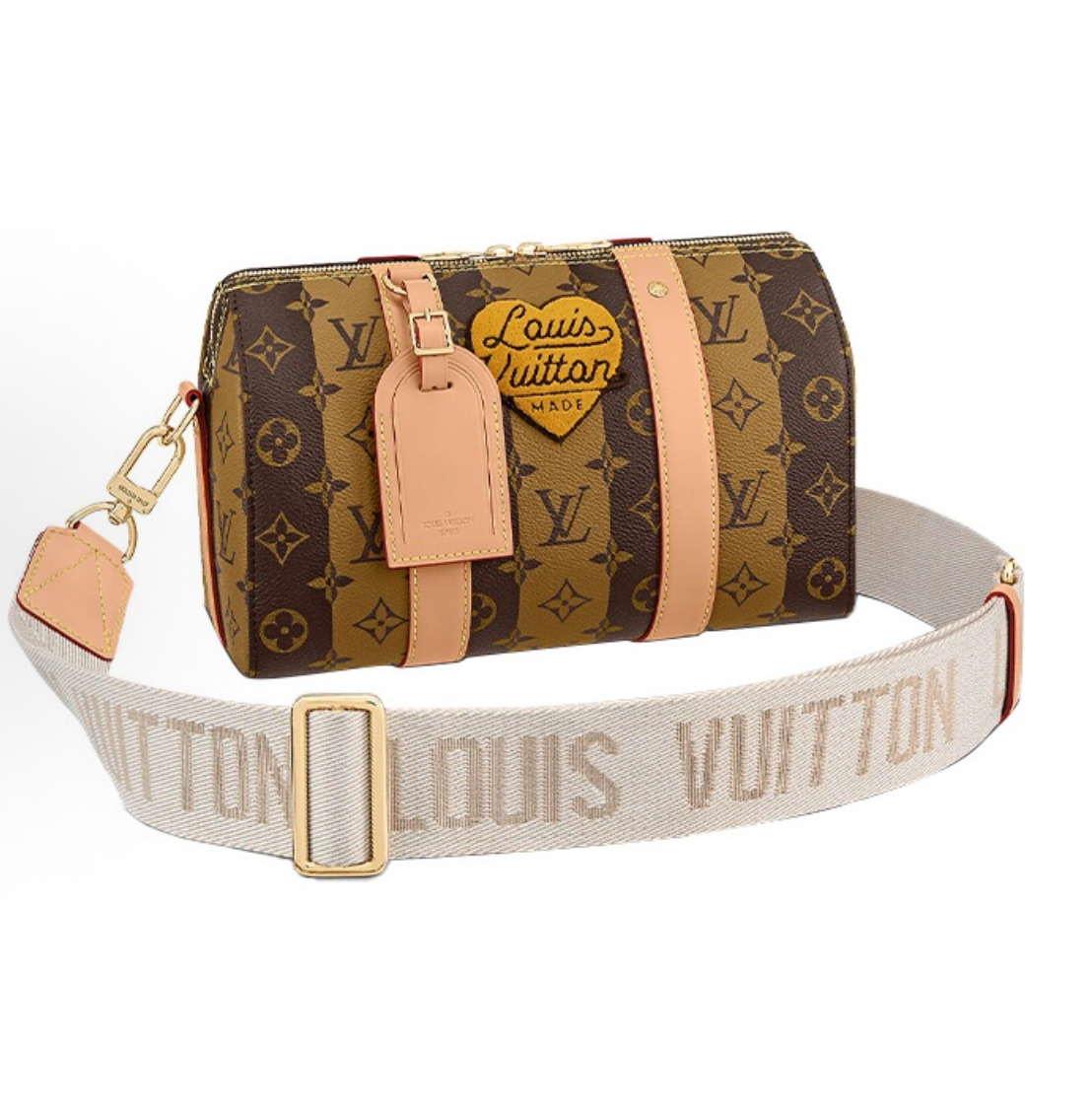 LOUIS VUITTON x NIGO 聯名款經典老花豎條紋愛心標誌塗層帆布手提斜孭單肩袋男款棕色