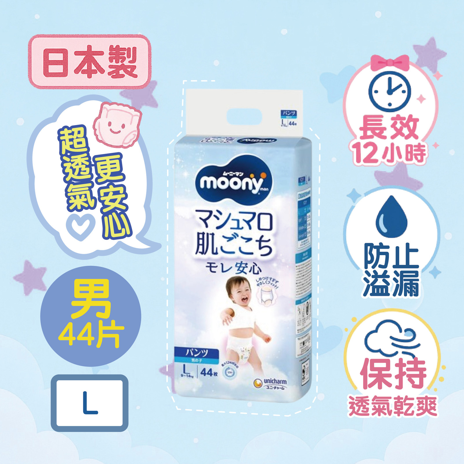 MOONY- 【日本製 -香港原裝行貨】 MOONYMAN 超透氣學行褲大碼44片 (男仔)