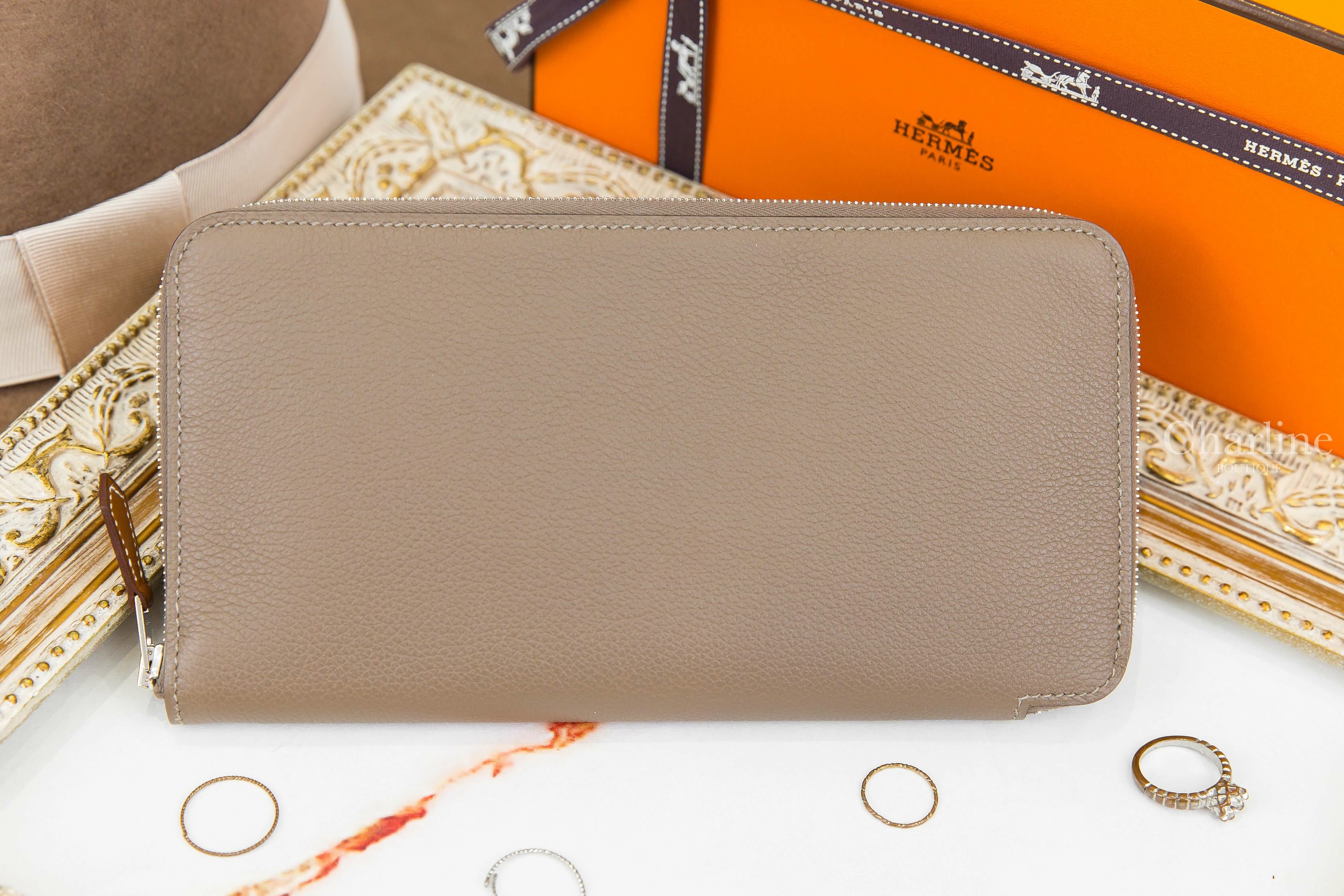 Hermès Silk'in Classique Long Wallet 18 Etoupe Evercolor 大象灰同色縫線絲巾拉鍊長夾-Charline Boutique 精品代購