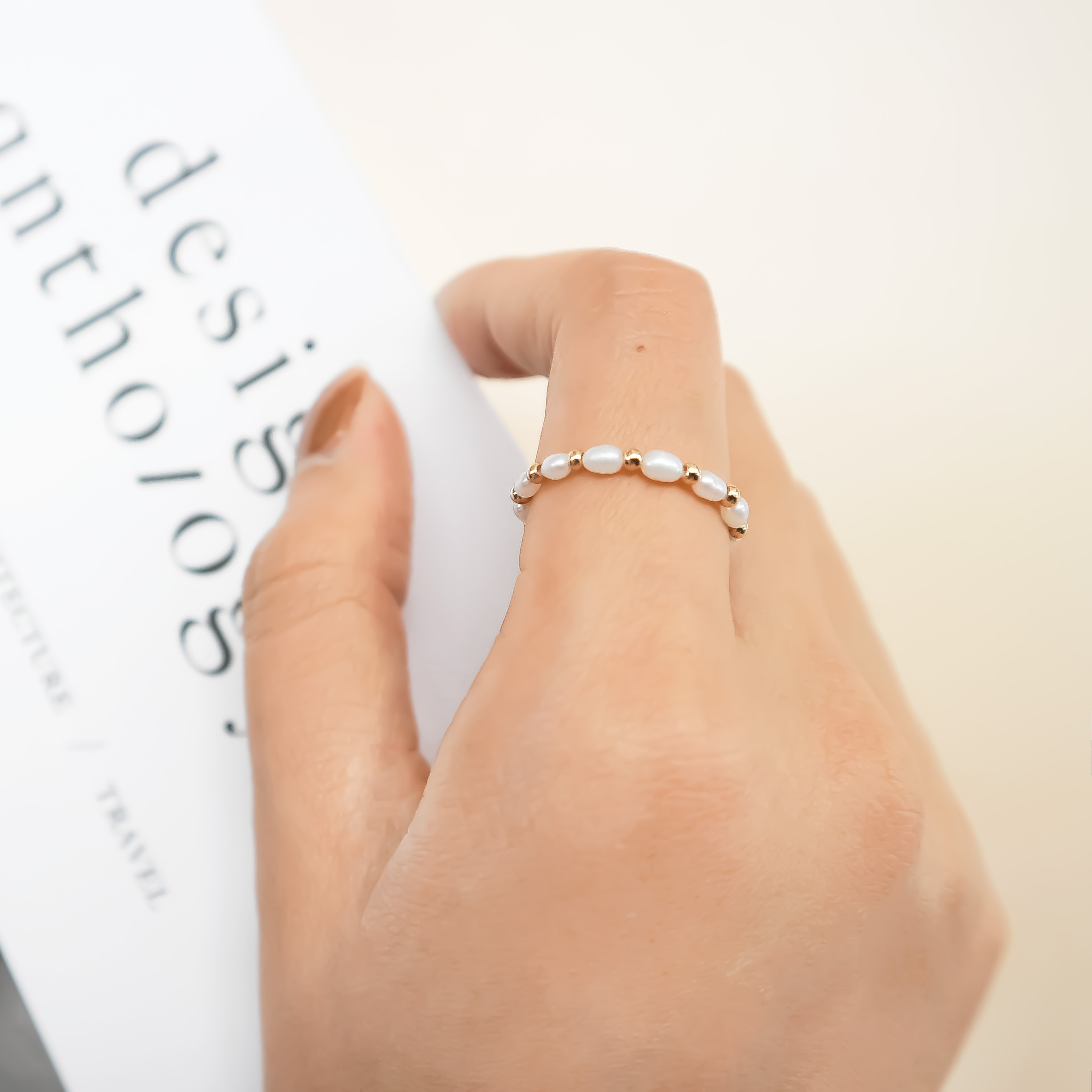 珍珠甜甜圈彈力戒指-14K注金