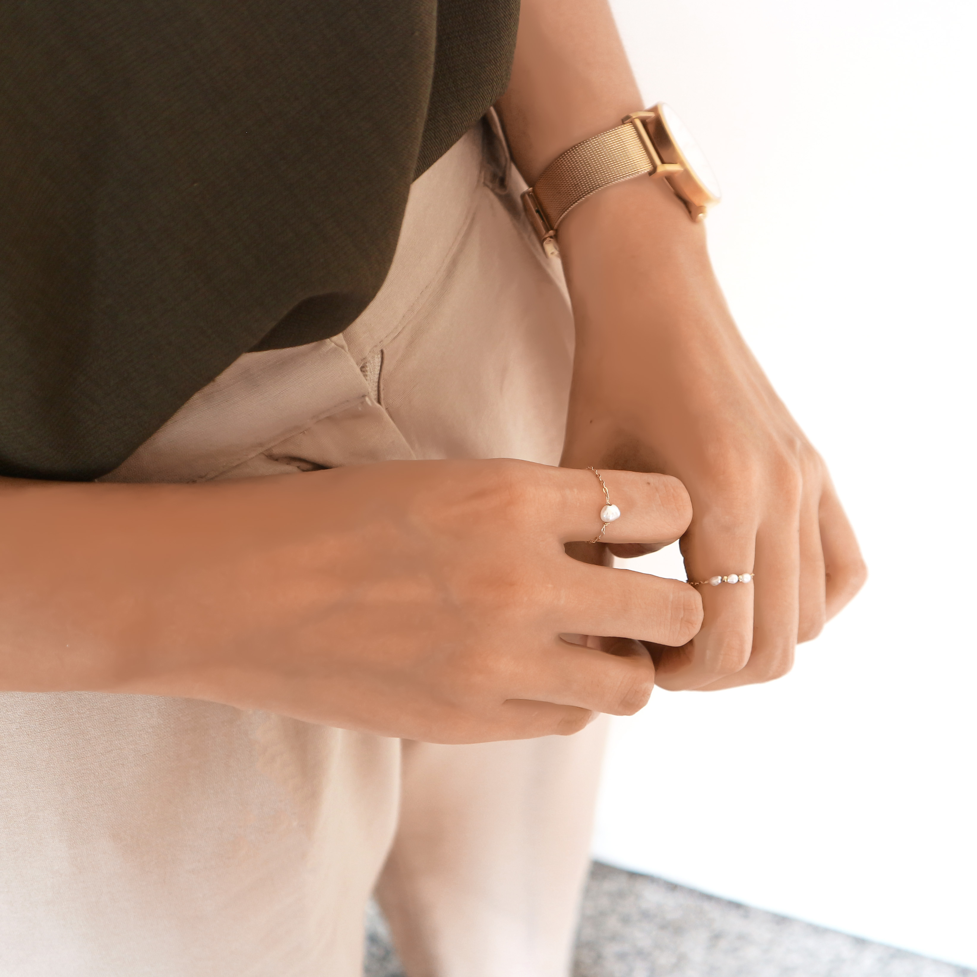 單顆珍珠鍊戒 | 14K注金 |