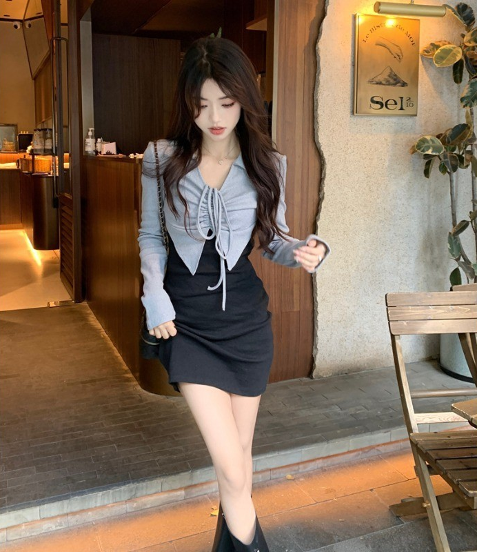 French-Style Faux Two-Piece Long Sleeve Dress