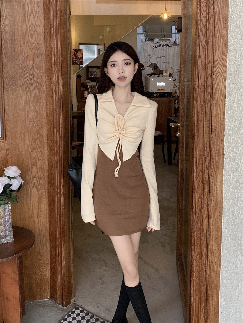 French-Style Faux Two-Piece Long Sleeve Dress