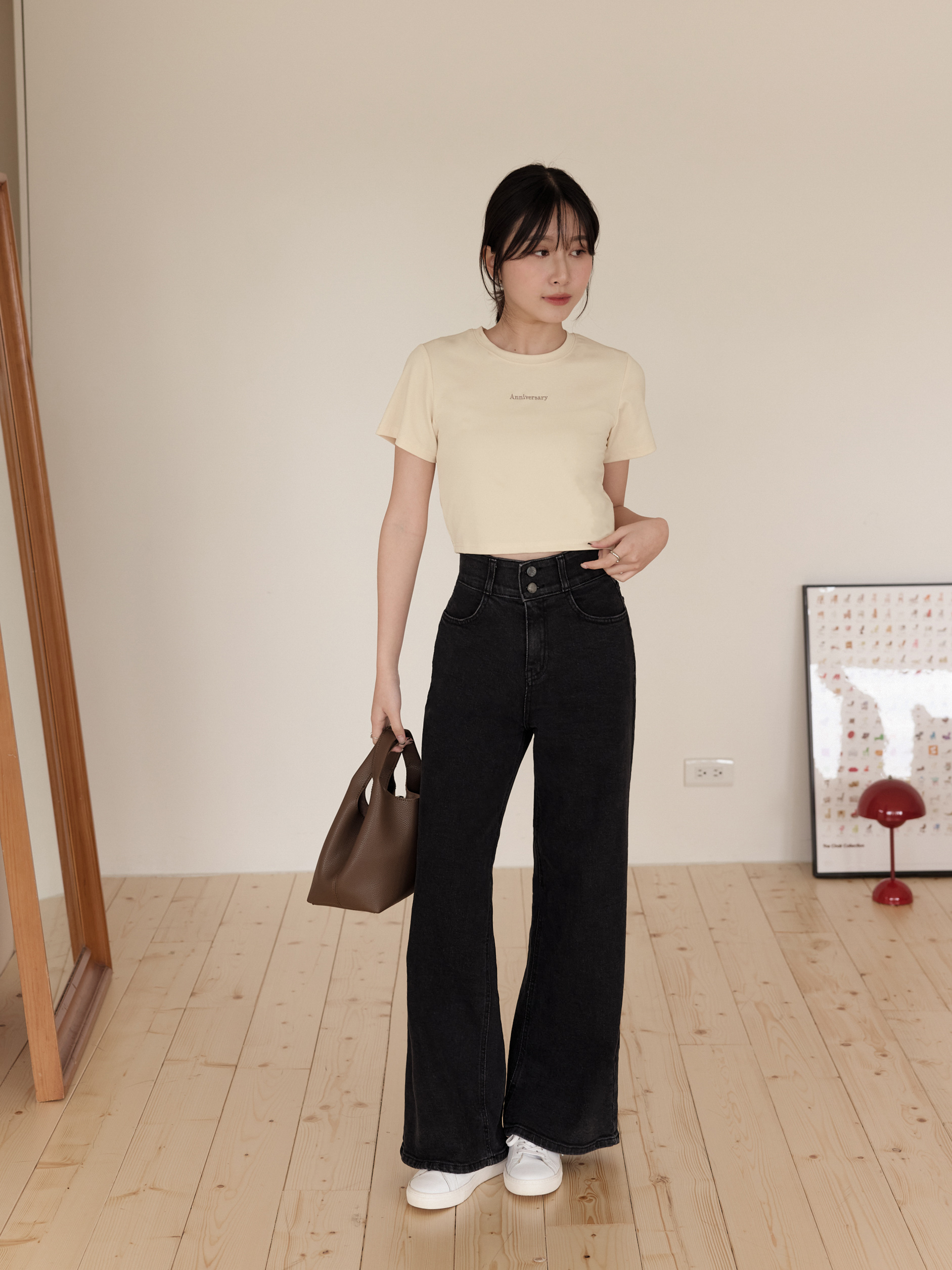 高腰收腹雙釦牛仔落地褲