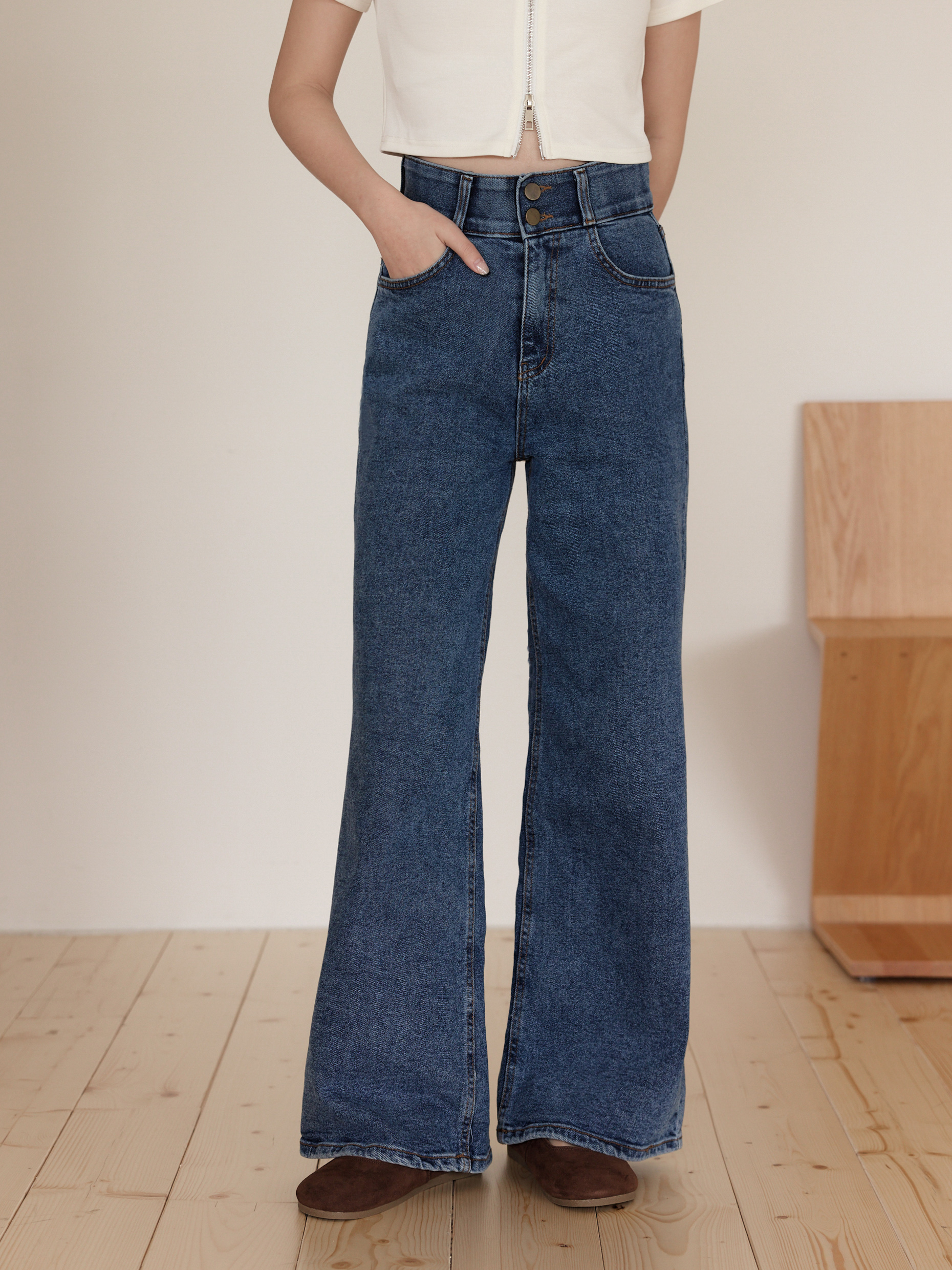 高腰收腹雙釦牛仔落地褲