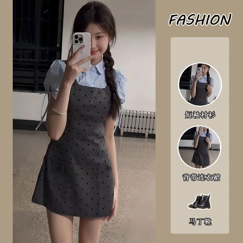 Summer Youthful Short Sleeve Faux Two-Piece Skirt