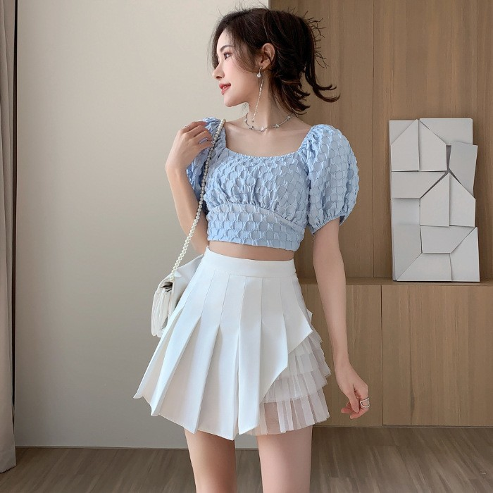 Preppy Style Mesh Patchwork Pleated Skirt