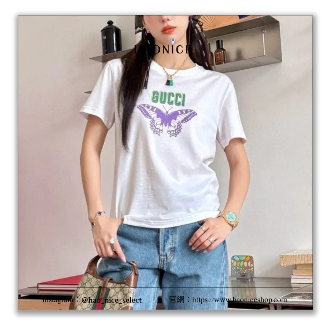 【HAO NICE】100%正品 GUCCI 義大利精品🇮🇹經典LOGO蝴蝶圓領棉質短袖 短T