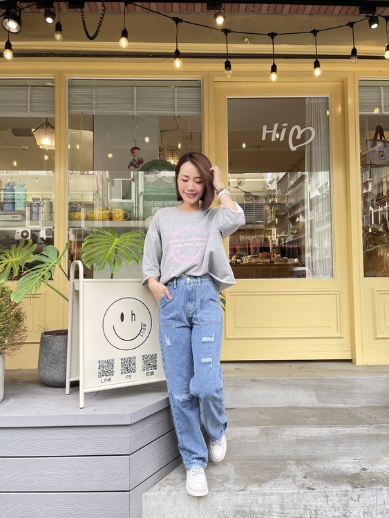 『M』微抓破直立式口袋牛仔寬褲