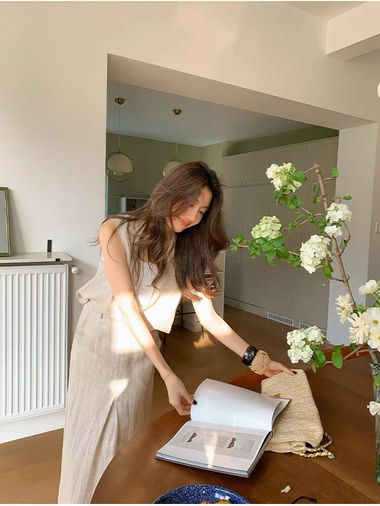 奶油杏V領無袖亞麻背心上衣+長裙SET-S-L (Elegant & Love)