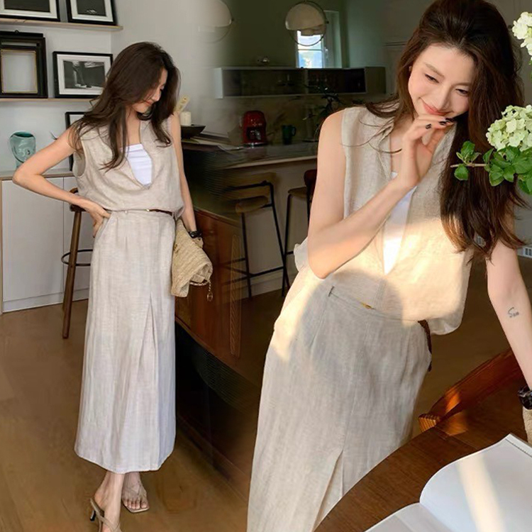 奶油杏V領無袖亞麻背心上衣+長裙SET-S-L (Elegant & Love)