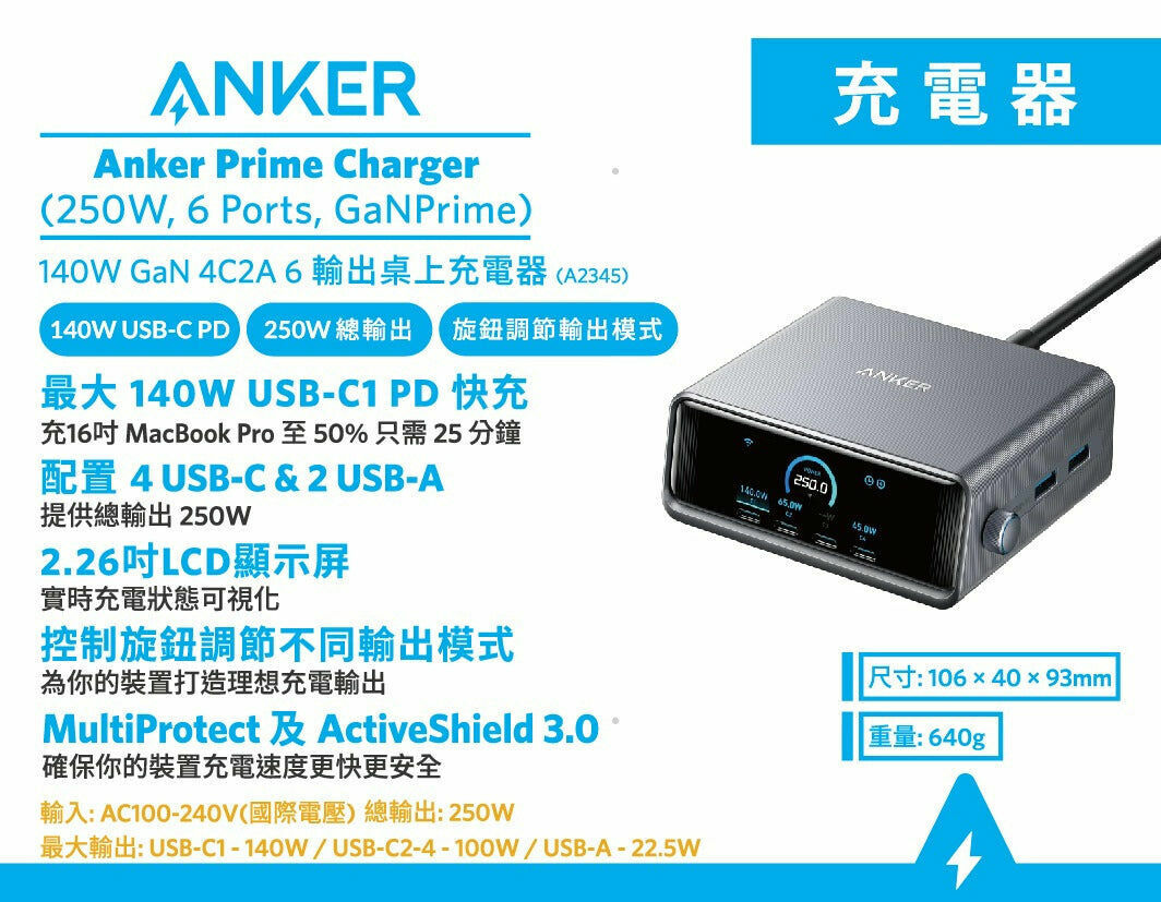 Anker |Prime 250W GaN 6 輸出實時顯屏桌上充電器(A2345)