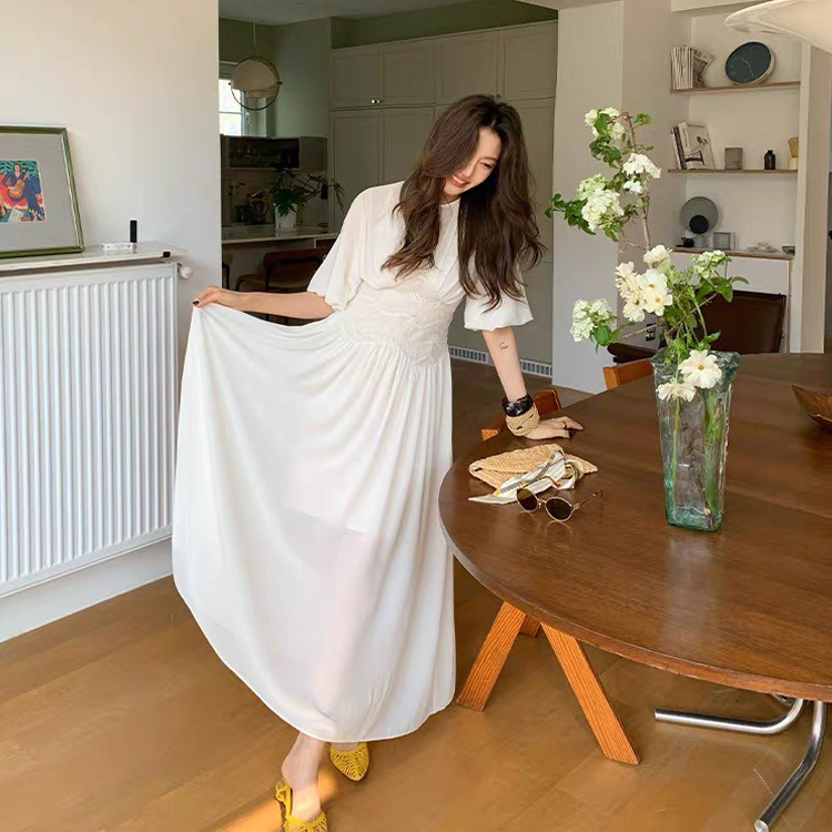 雲朵白馬甲抓褶收腰造型圓領傘擺長洋裝S-L (Elegant & Love)