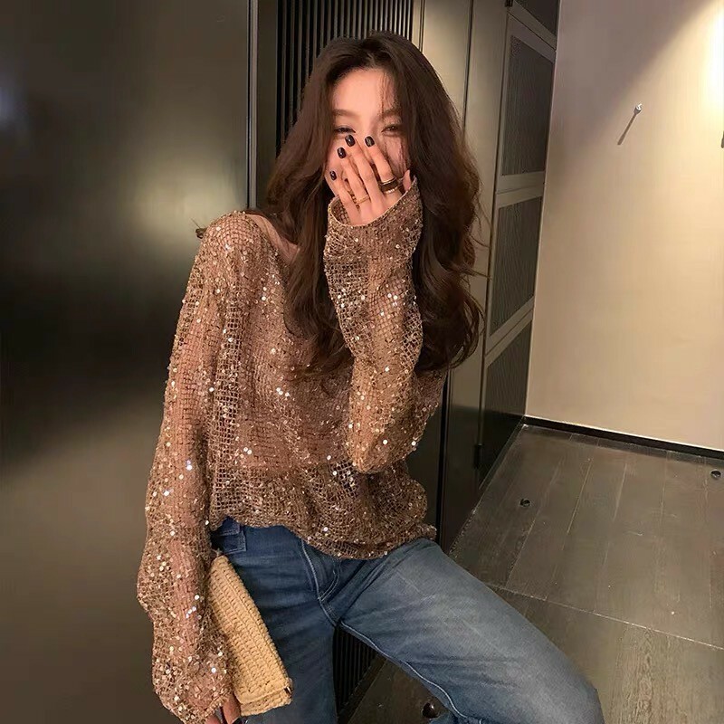 摩卡棕閃閃亮片造型長袖上衣S-L (Elegant & Love)