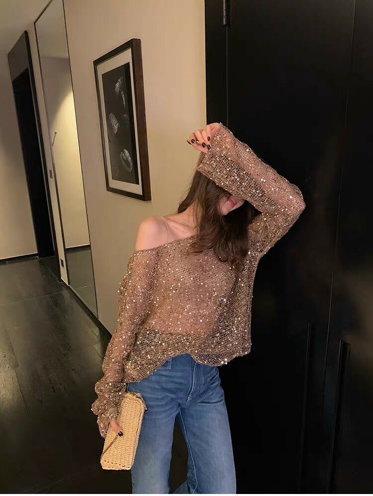 摩卡棕閃閃亮片造型長袖上衣S-L (Elegant & Love)