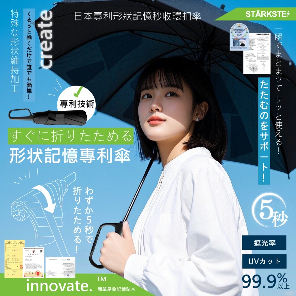 日本 STÄRKSTE⚡日本專利形狀記憶秒收環扣傘