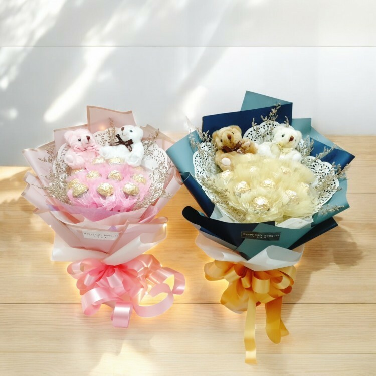 2隻小熊11朵金莎乾燥花蕾絲花束,深藍色包裝,粉色包裝