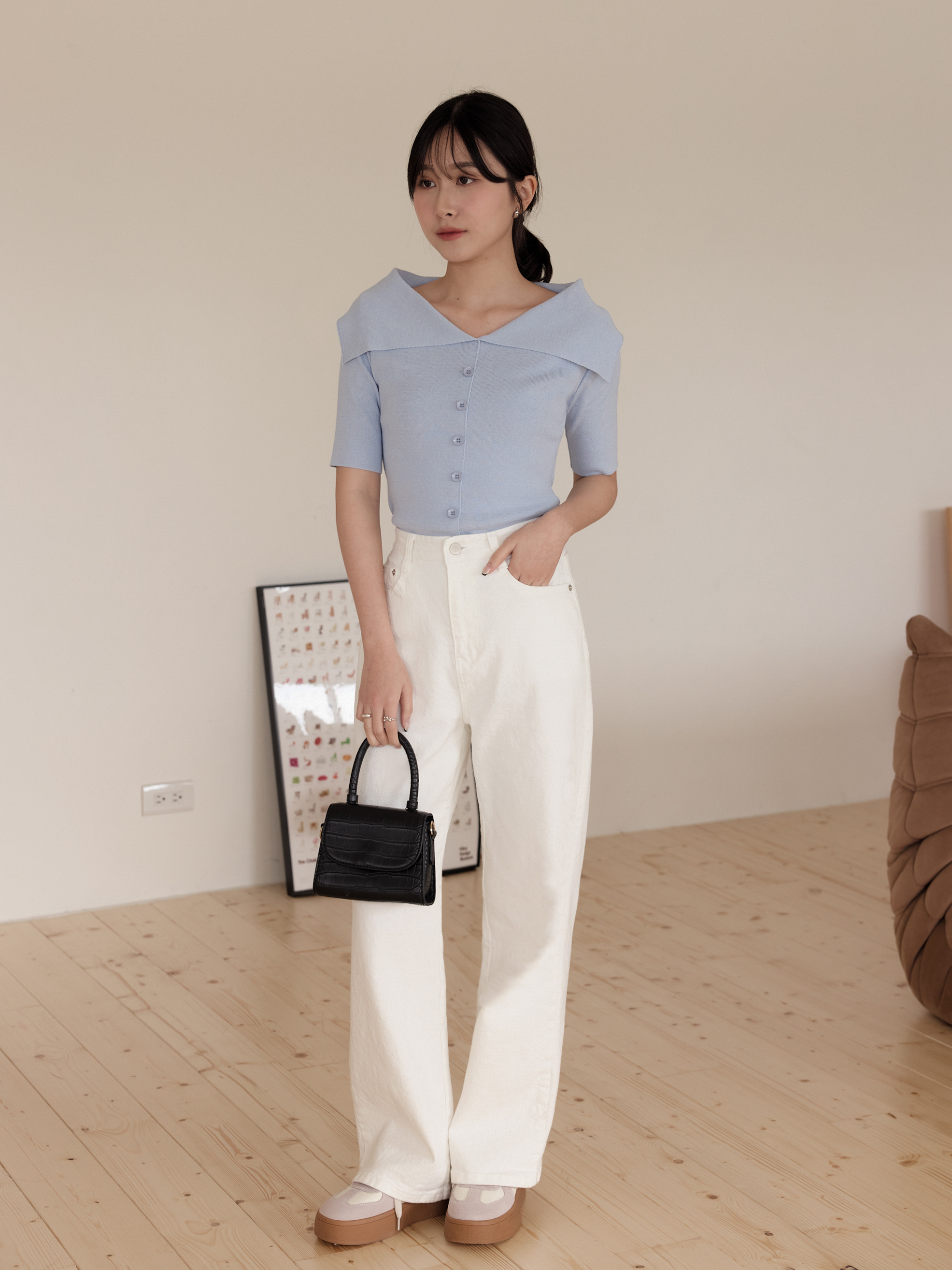 柔光翻領排釦針織短袖