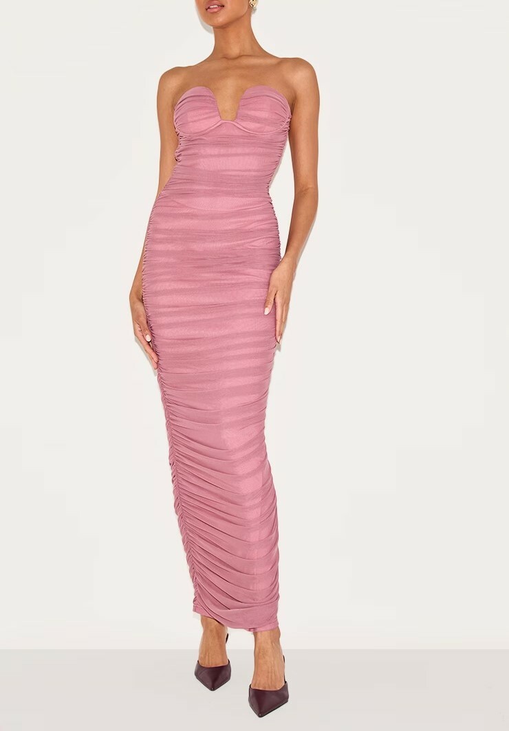 Blush腮紅色網紗抽縐v領Dress