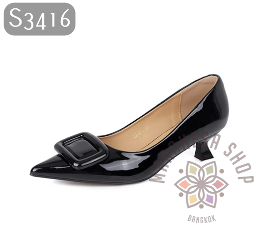 S3416 - 羊漆皮純色方扣尖頭高踭鞋