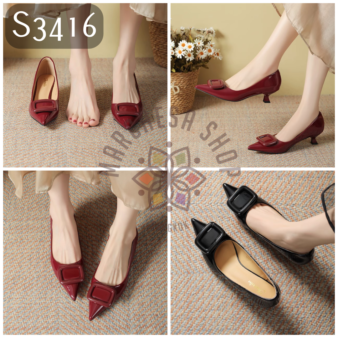 S3416 - 羊漆皮純色方扣尖頭高踭鞋