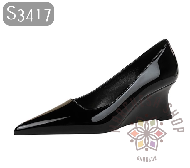 S3417 - 羊皮簡約純色尖頭船踭高踭鞋