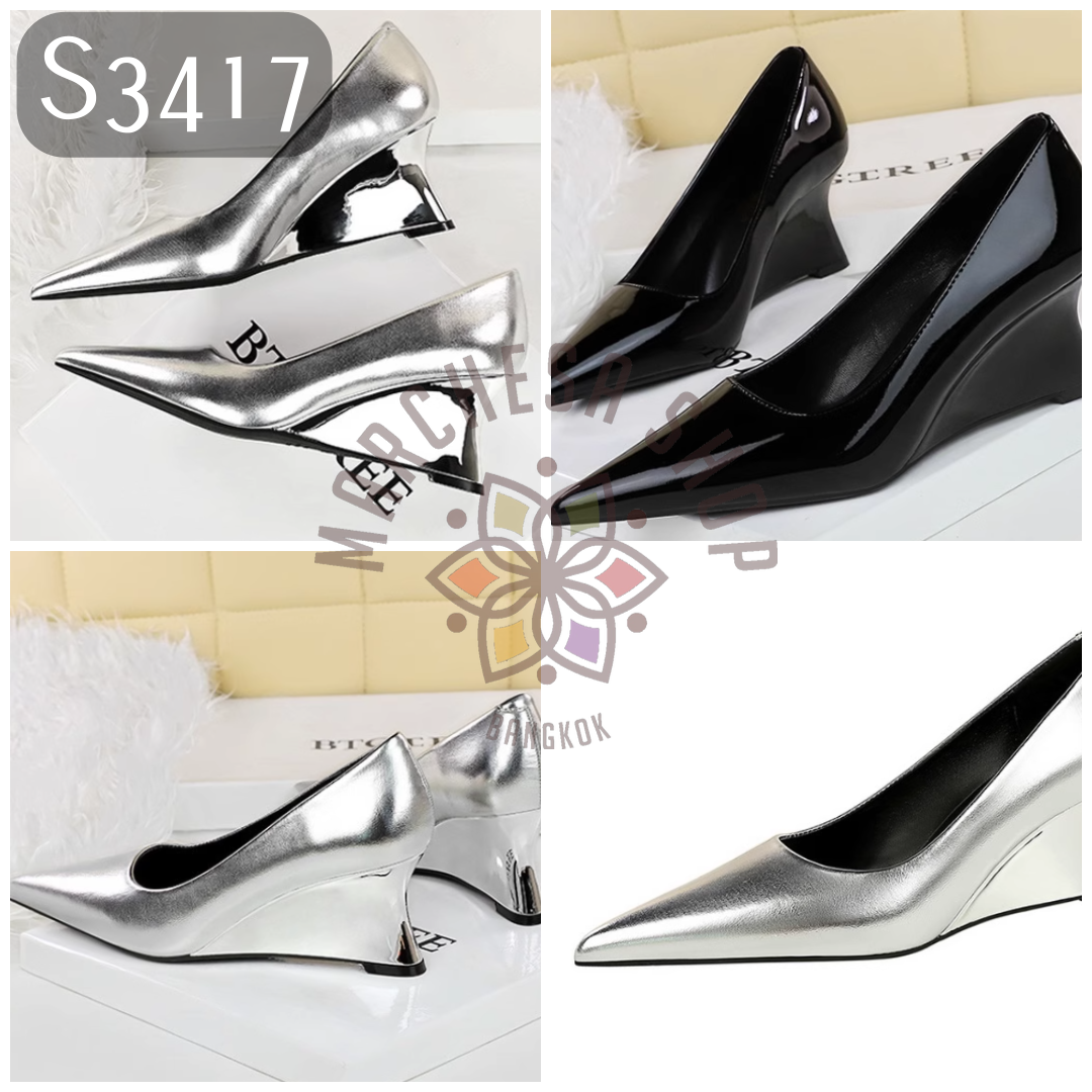 S3417 - 羊皮簡約純色尖頭船踭高踭鞋