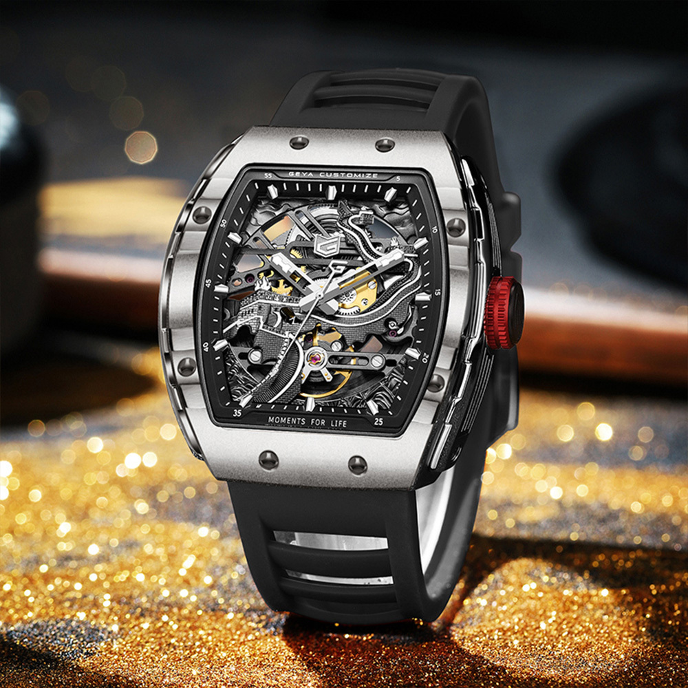 預購款【GEYA格雅】長城系列 酒桶 鏤空 長城標誌錶蓋 夜光 機械錶 G78135GW