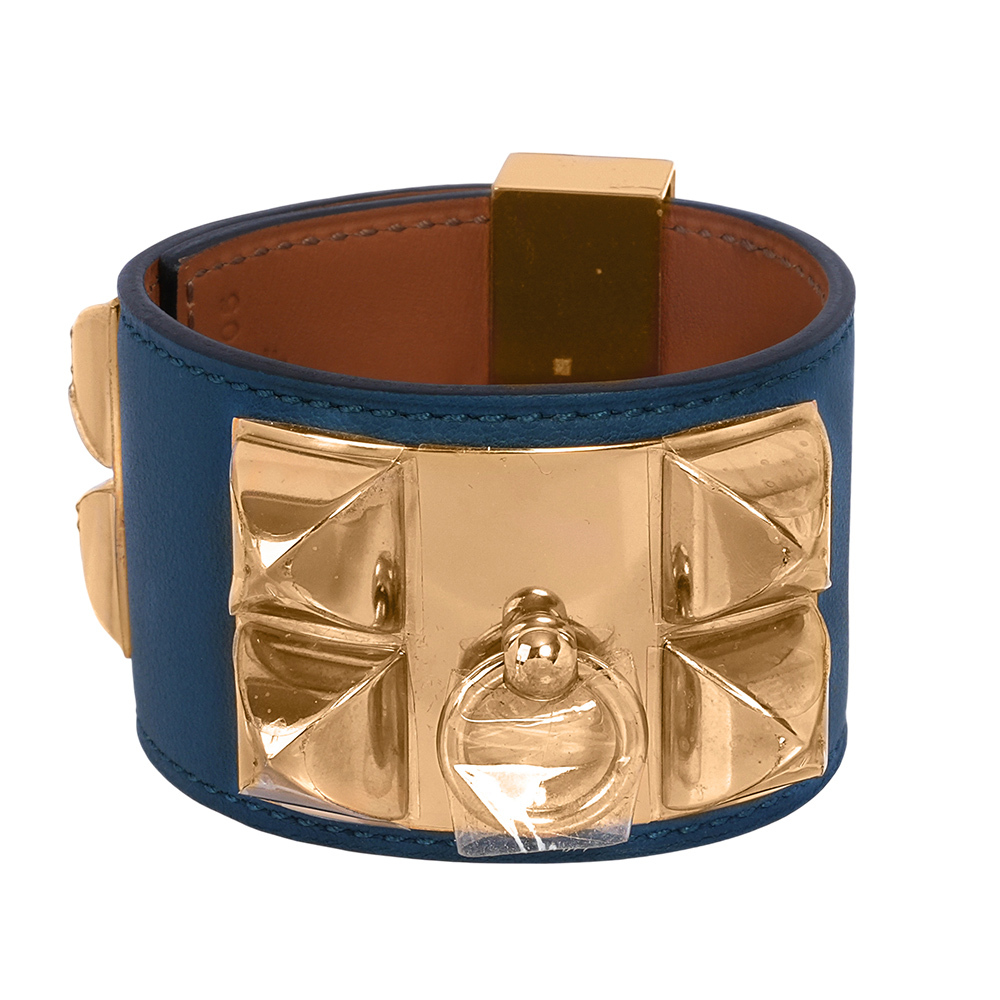 【HERMES】霧面小牛皮 鉚釘金釦CDC手環 (S)(藍色)HE44000085