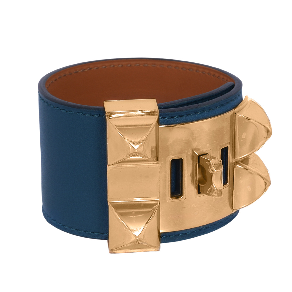 【HERMES】霧面小牛皮 鉚釘金釦CDC手環 (S)(藍色)HE44000085