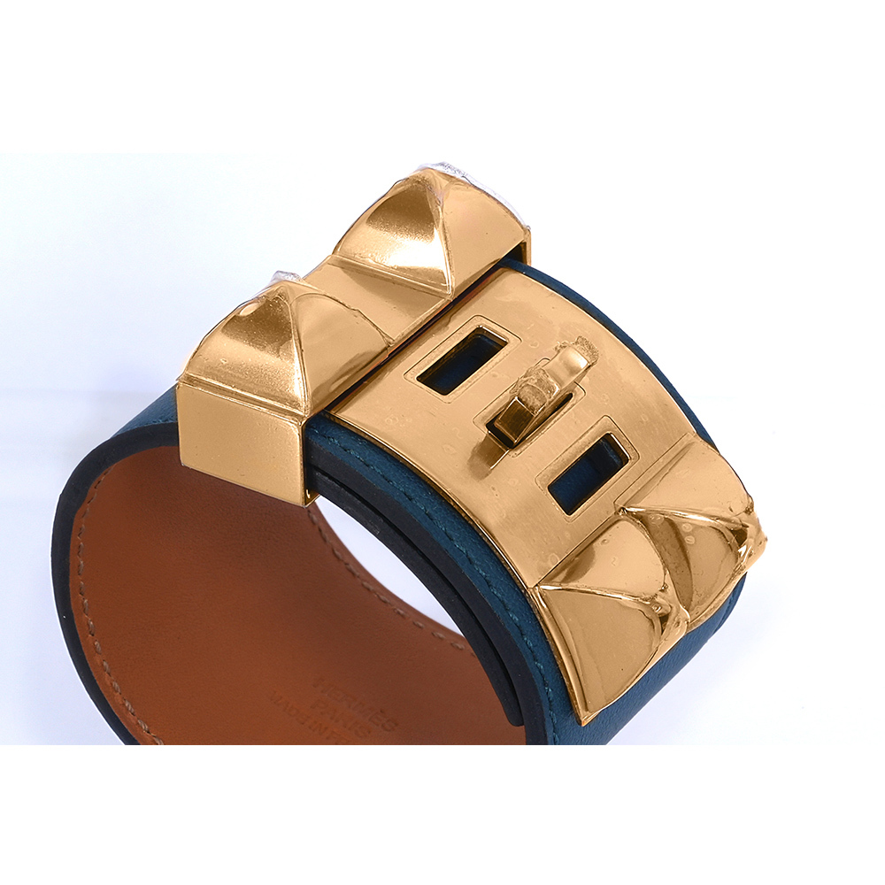 【HERMES】霧面小牛皮 鉚釘金釦CDC手環 (S)(藍色)HE44000085