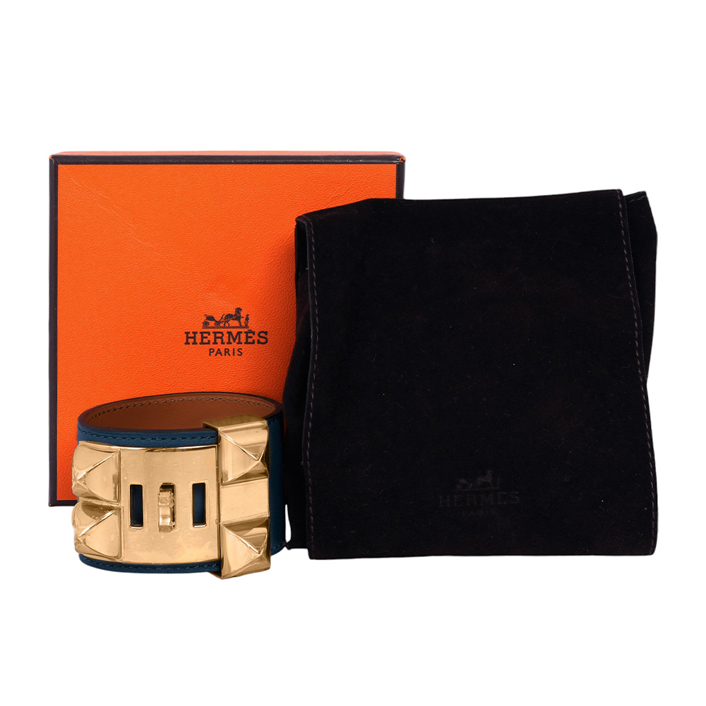 【HERMES】霧面小牛皮 鉚釘金釦CDC手環 (S)(藍色)HE44000085