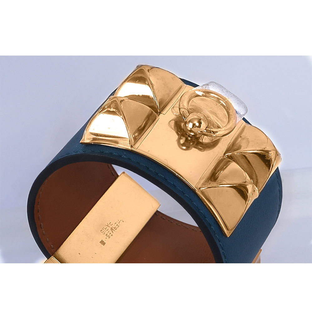 【HERMES】霧面小牛皮 鉚釘金釦CDC手環 (S)(藍色)HE44000085