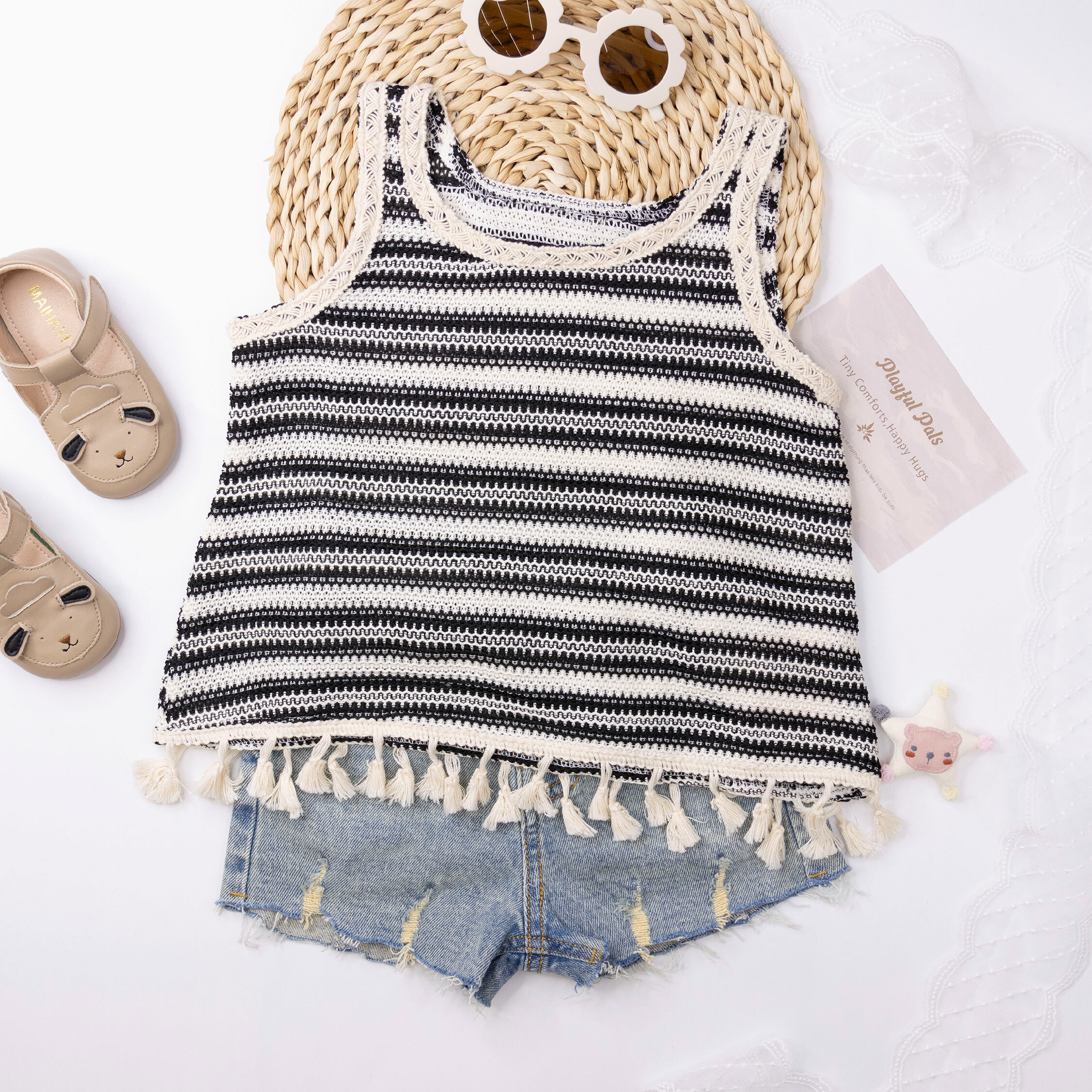 【H50190】條紋度假風流蘇造型背心/上衣