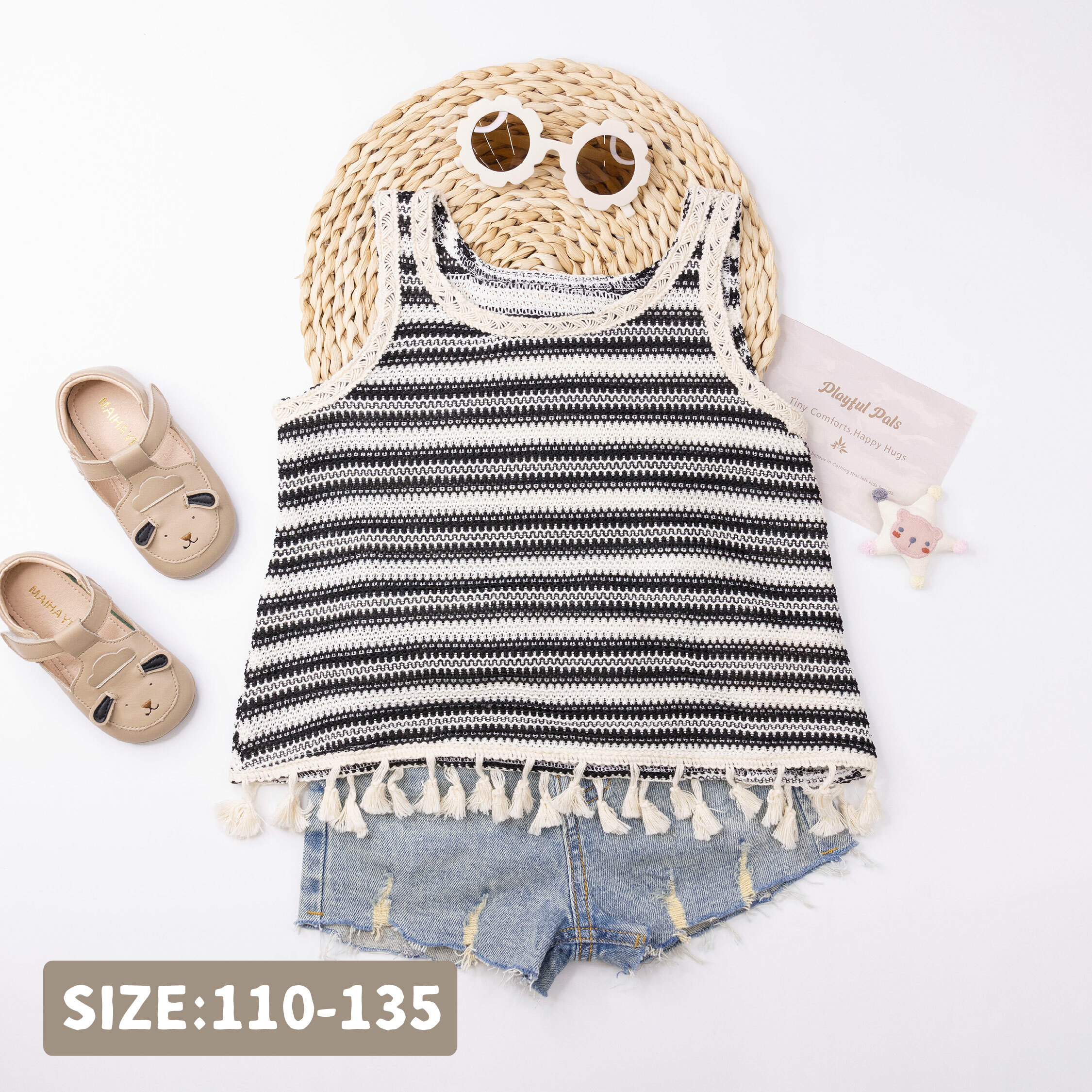 【H50190】條紋度假風流蘇造型背心/上衣