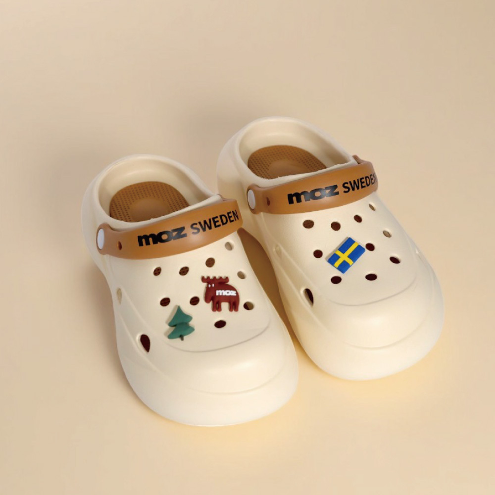 moz瑞典 駝鹿 小饅頭 厚底增高 輕量兩穿 防水 洞洞鞋/涼拖鞋-奶茶色
