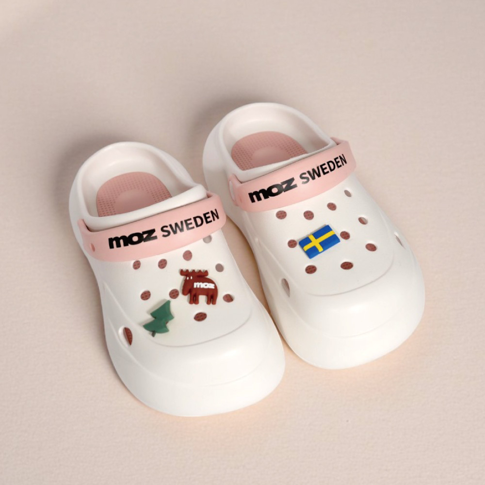 moz瑞典 駝鹿 小饅頭 厚底增高 輕量兩穿 防水 洞洞鞋/涼拖鞋-白/粉