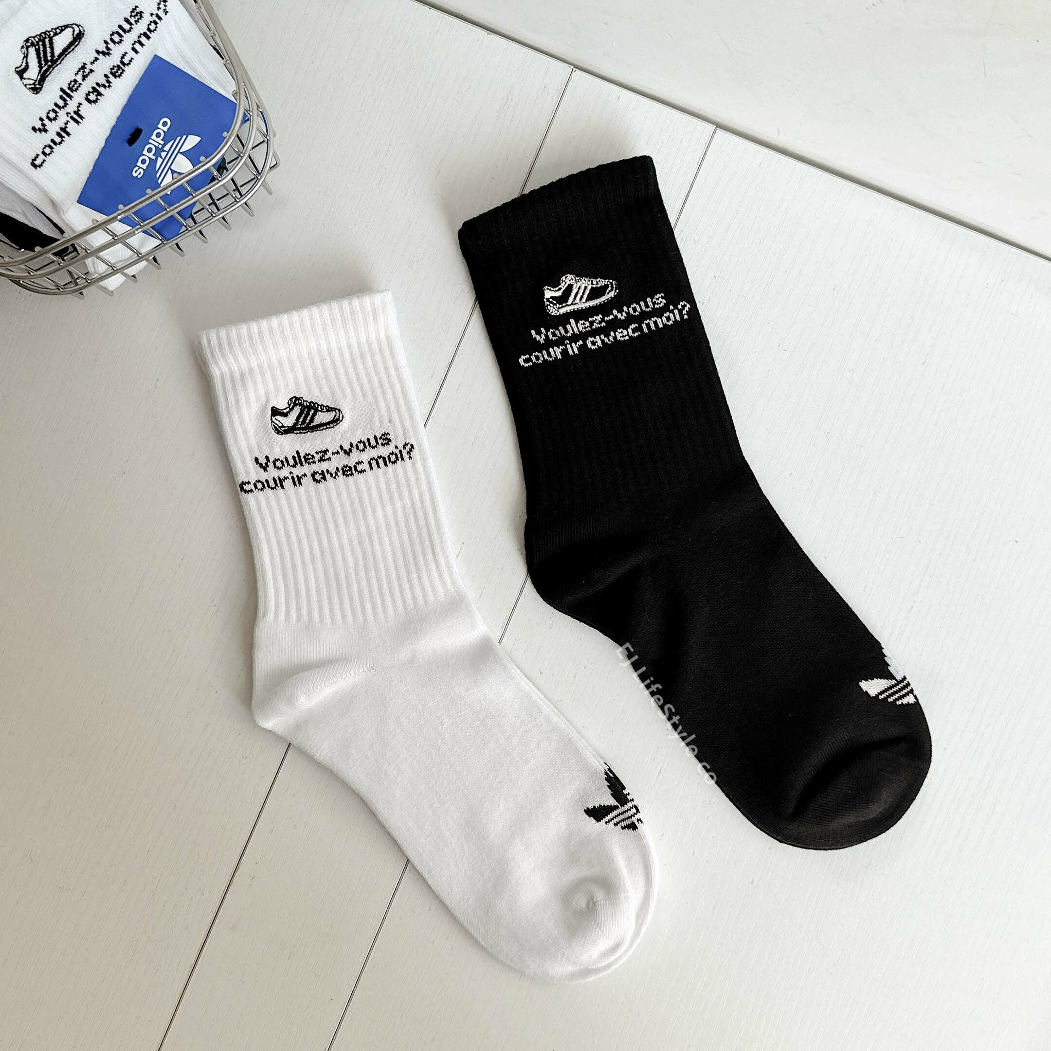 ADIDAS 三葉草長襪襪子中筒襪黑色白色刺繡黑白一組二入JC8683 / 調貨