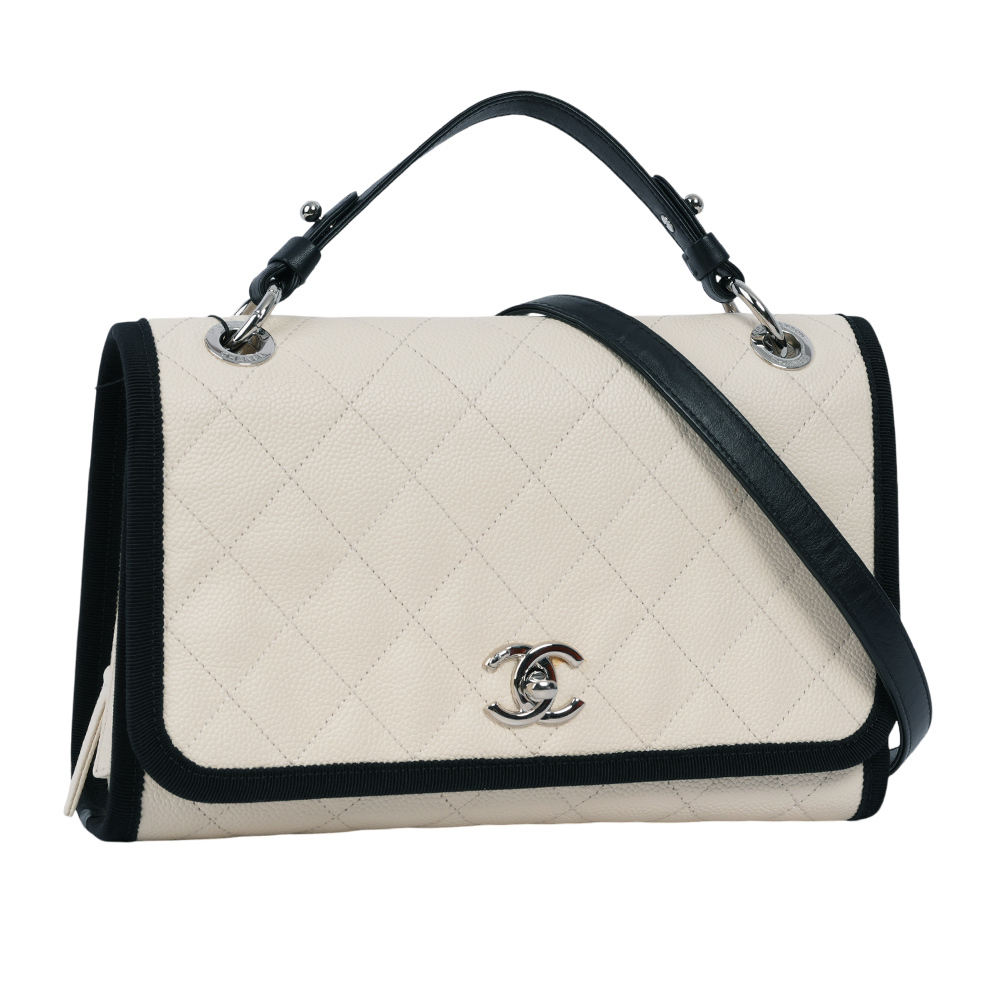 【CHANEL 】銀釦荔枝皮革帆布飾邊拼色二用包(白色/黑色)CH19000080