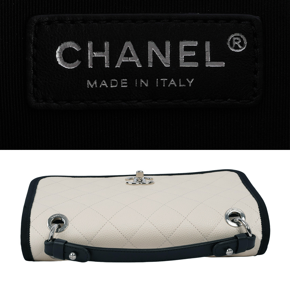 【CHANEL 】銀釦荔枝皮革帆布飾邊拼色二用包(白色/黑色)CH19000080
