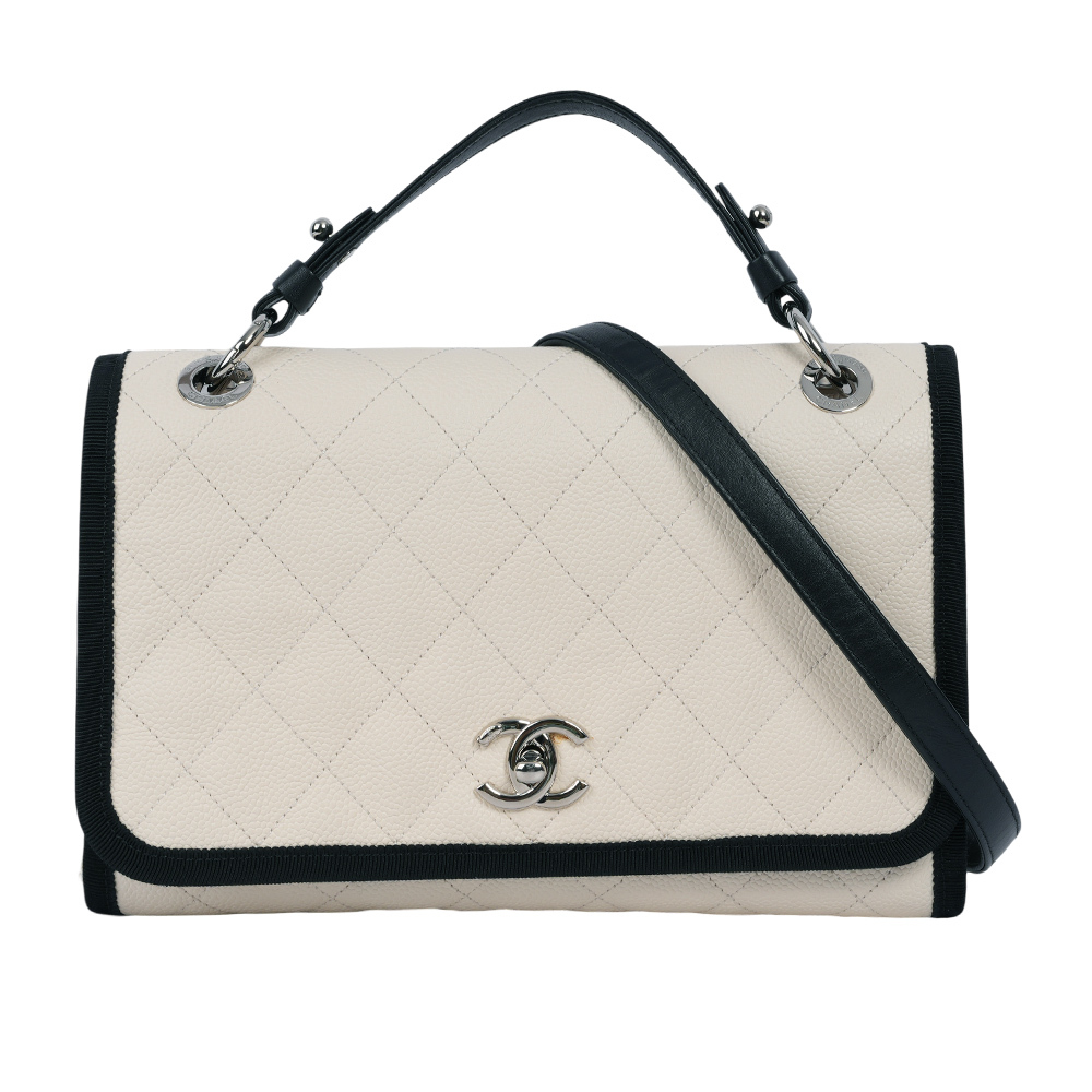 【CHANEL 】銀釦荔枝皮革帆布飾邊拼色二用包(白色/黑色)CH19000080
